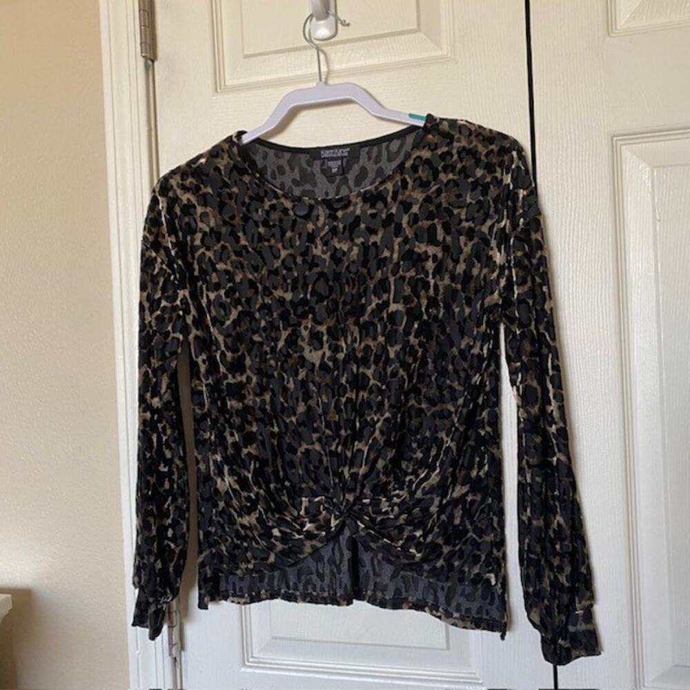 Karen Kane Lifestyle Petite Velvet Burnout Twist Front Top Animal Print Women XS